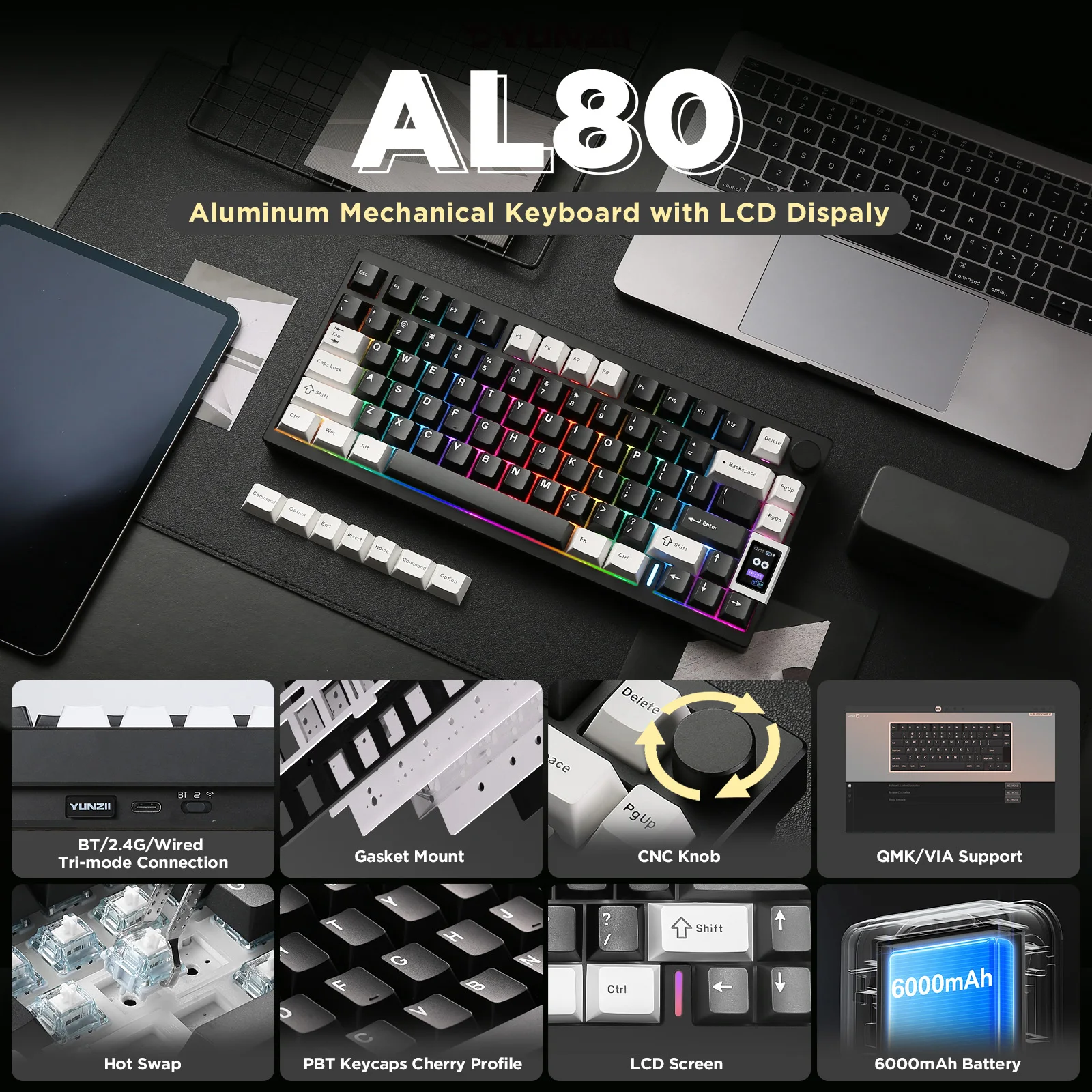 YUNZII AL80 Black Mechanical Keyboard, Hot Swap Wireless QMK/VIA Aluminum Gaming Keyboard with Smart LCD Display&Functional Knob