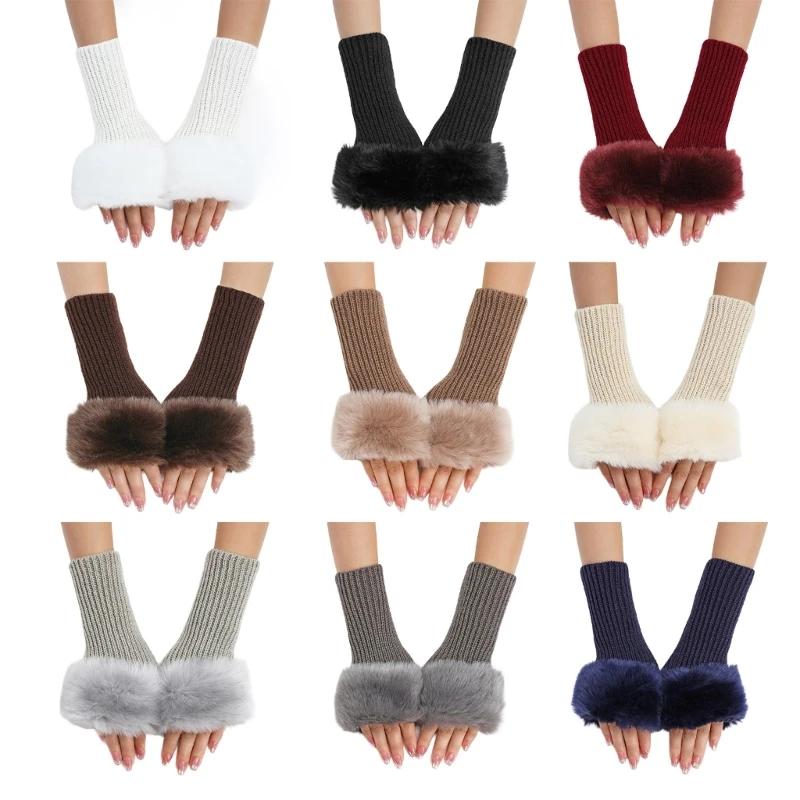 

Adult Teens Knitted Fingerless Gloves Furry Wrist Warmer Short Sleeve Women Solid Color Winter Elastic Costume Party Mittens