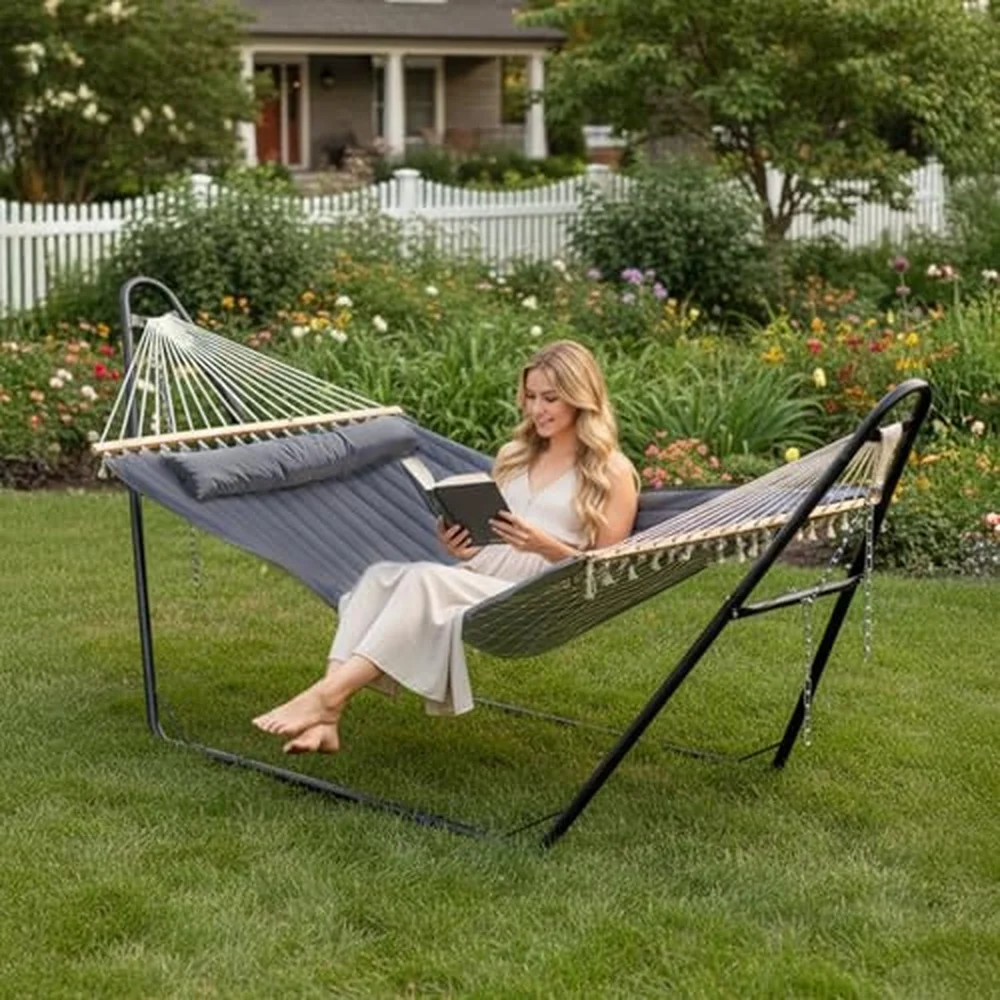 [2026 UPGRADED] Hammock with Stand for Outside Heavy Duty Adjustable Double Rope Hammock with Pad Set All in one Use
