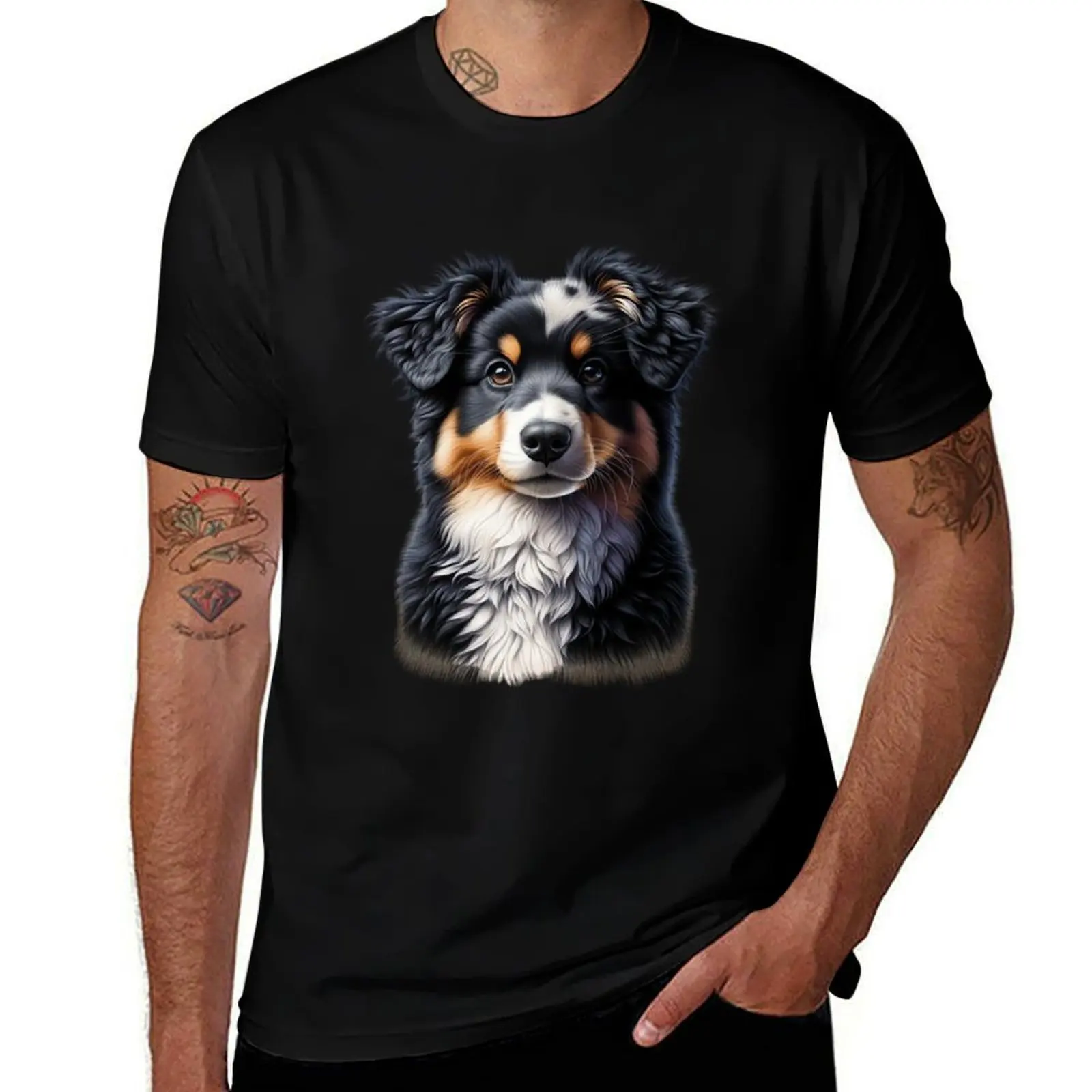 

Tri Color Black Australian Shepherd Dog Drawing T-Shirt Clothing custom t-shirts boys animal print cotton t shirt men