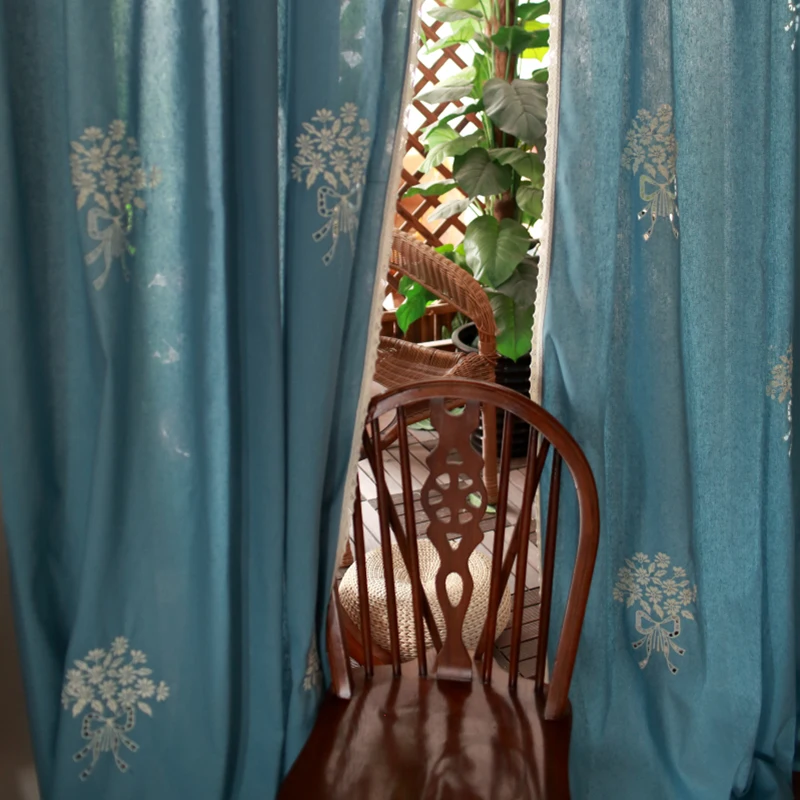 

American Country Style Blue Embroidery Blackout Curtains 100% Cotton Linen Hand Crochet Lace Window Drapes for Ling Room Bedroom