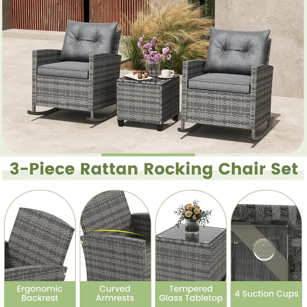 3-Piece Outdoor Wicker Rocking Chair Set with Cushions and Glass Top Coffee Table