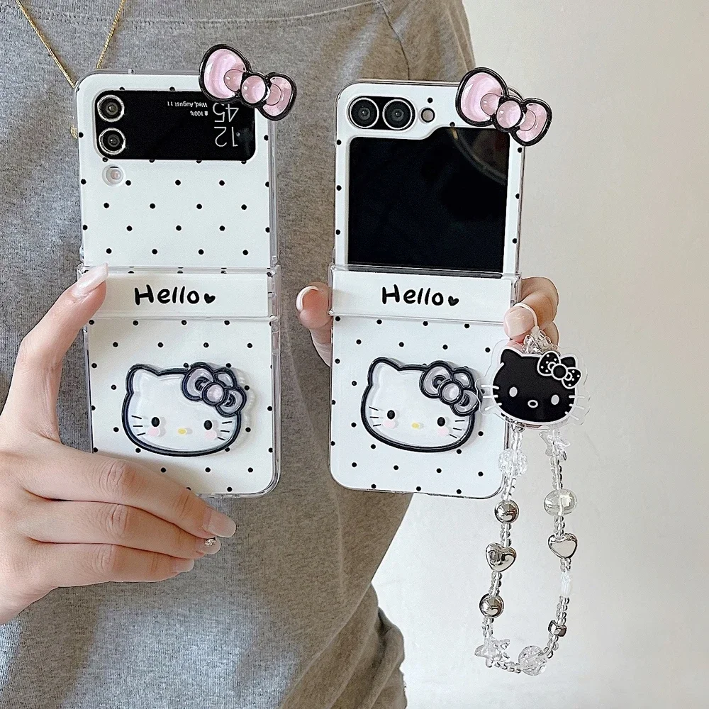 Onda punto arco lindo dibujos animados Sanrio Hello Kitty funda de teléfono para Samsung Galaxy Z Flip 7 6 5 4 3 funda suave de TPU con cordón