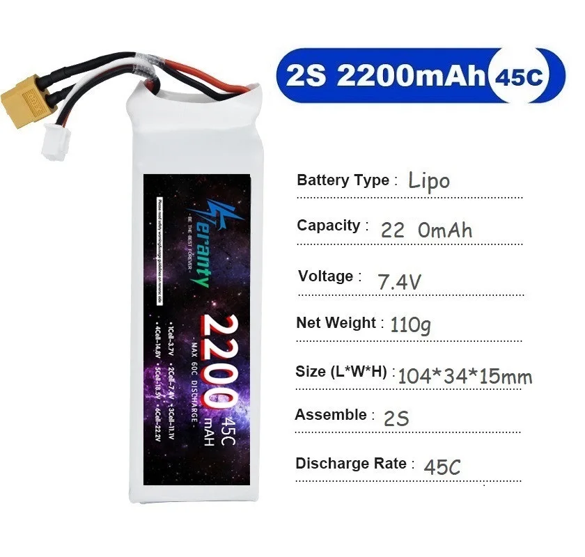 2 Pieces TERANTY 2S 3S 4S 5S 6S Lipo Battery 7.4V 11.1V 14.8V 22.2V 2200mAh RC Dorne Car Model 45C Battery FPV XT60 Deans T
