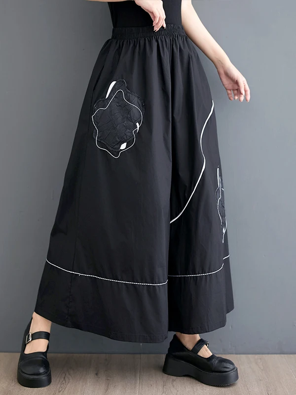 Loose Casual Pants Women's Summer New Elastic Waist Slim Wide Leg Pants Embroidered Flower All-Match Casual Trousers