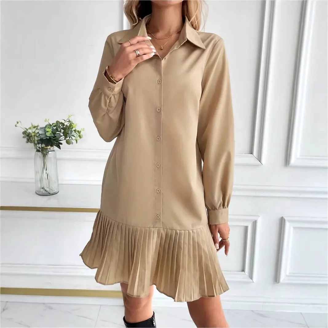 فستان أنيق للتنقل موضة الخريف قميص ذو طية صدر السترة بلون واحد مقسم ​ ​ فساتين مطوية ملابس نسائية عادية