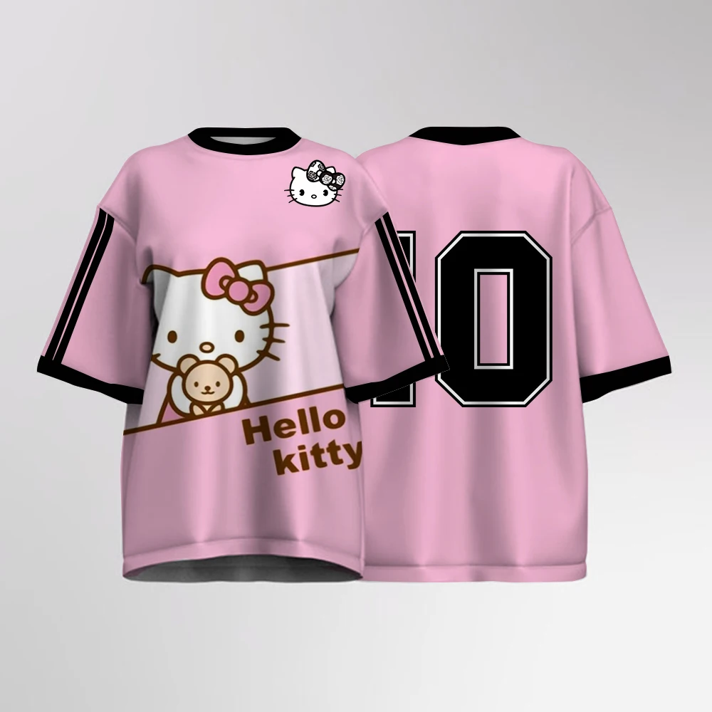 

Женская футболка с v-образным вырезом и короткими рукавами с принтом Hello Kitty, футбольная спортивная одежда, повседневные уличные трикотажные изделия ﻿