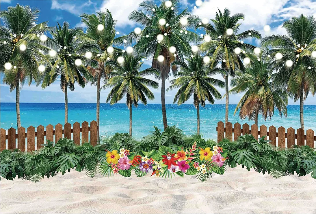 알로하 루아 배경, 열대 하와이 녹색 잔디 꽃 사진 배경, 생일 베이비 샤워 파티 장식 배너