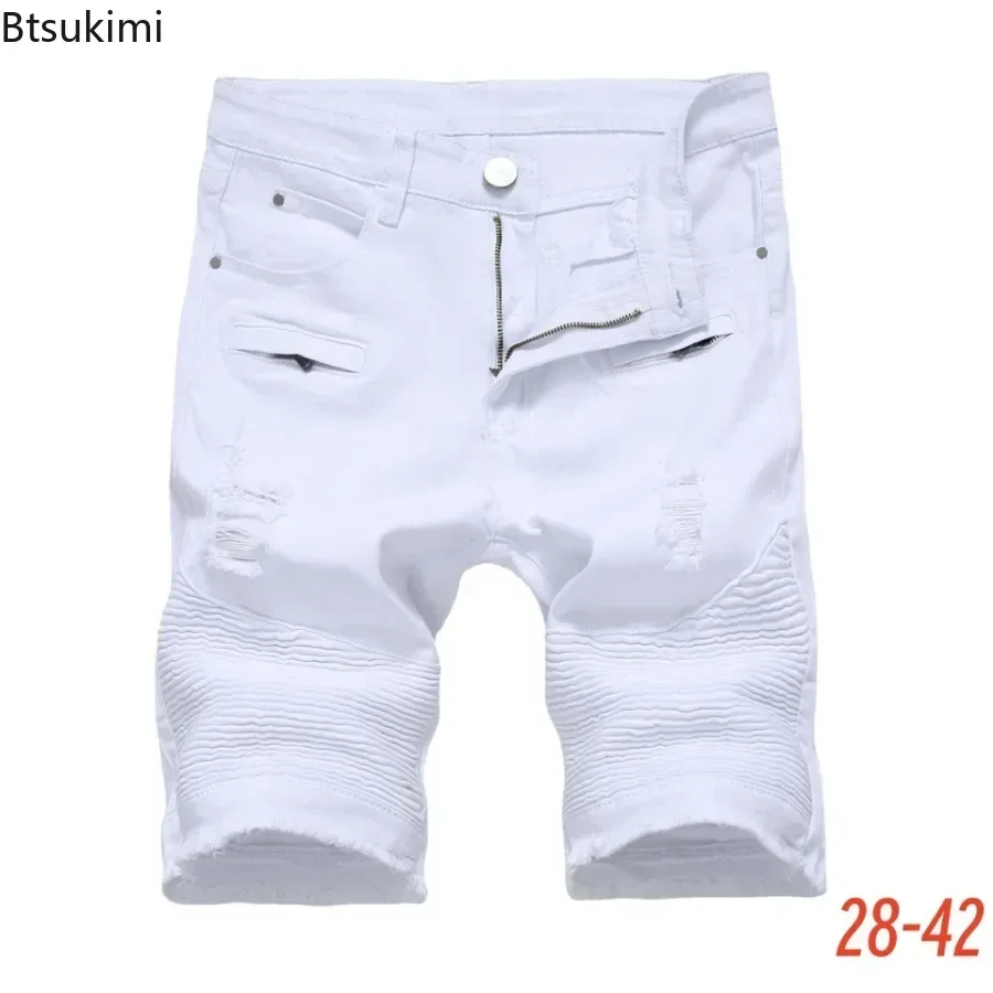 2025 Men's Ripped Short Jeans Solid Hollow Out Summer Distressed Hole Shorts Cowboys Knee Length Denim Shorts Male Size 28-42