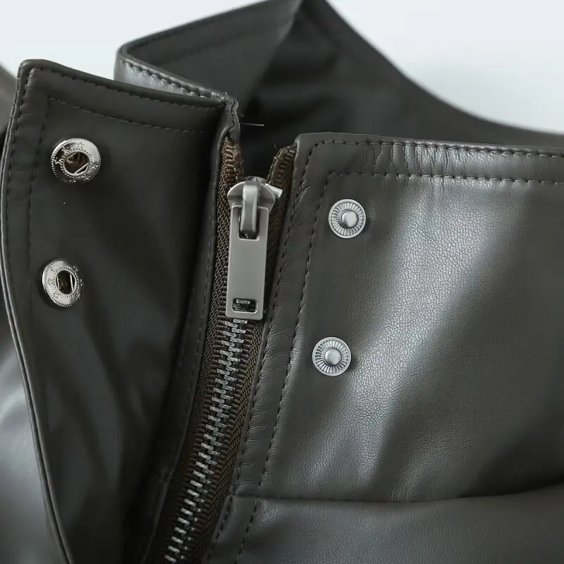 سترة نسائية ريترو PU على طراز الشارع للدراجات النارية بسحاب وجيب علوي ملابس خارجية سترة من الجلد الصناعي معطف للسيدات ملابس الشارع