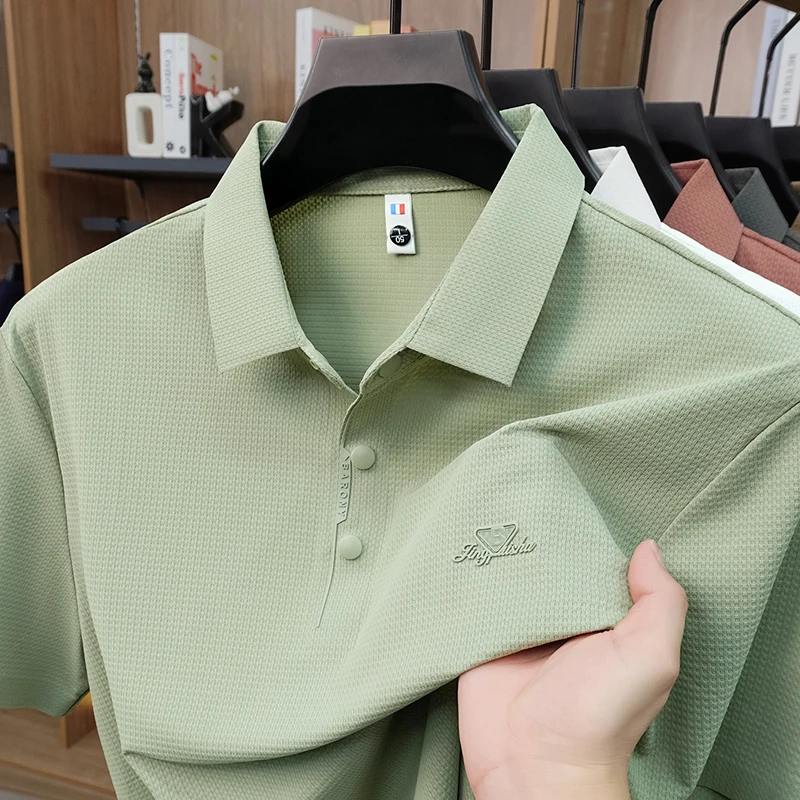 Light luxury men's short sleeve polo shirt high-end brand letter embossed ice silk breathable summer solid color fashion T-shirt