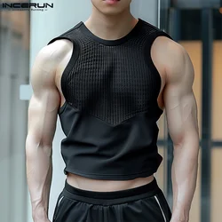 INCERUN Tops 2024 Korean Style Fashion New Men O-neck Patchwork Mesh Vests Summer Streetwear Hot Sale Sleeveless Tank Tops S-5XL