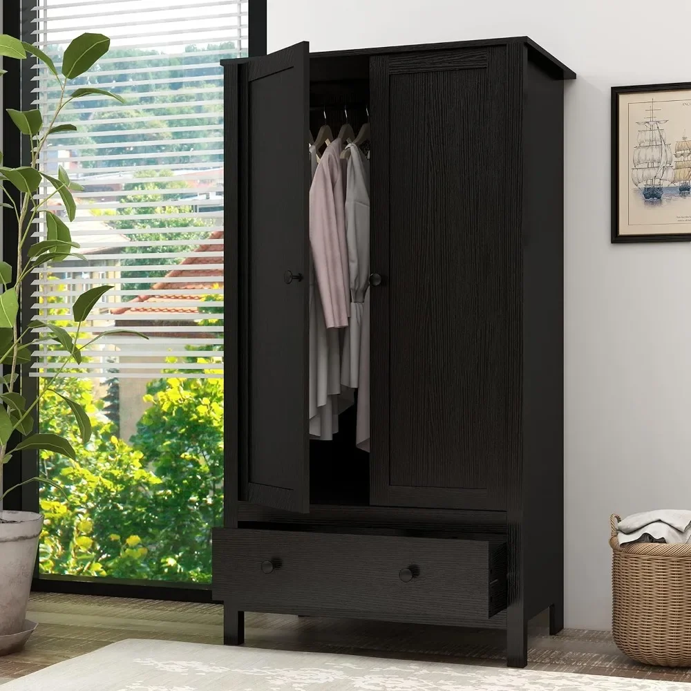 Wooden Nordic Minimalist 2 Door Black Closet Wardrobe, Organizer Armoire With Drawer Dressers For Bedroom