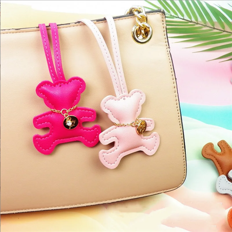 New Fashion Cute PU Leather Bear Keychain For Women Key Ring Chain Female Keyring Rear View Mirror Pendant Girls Gift