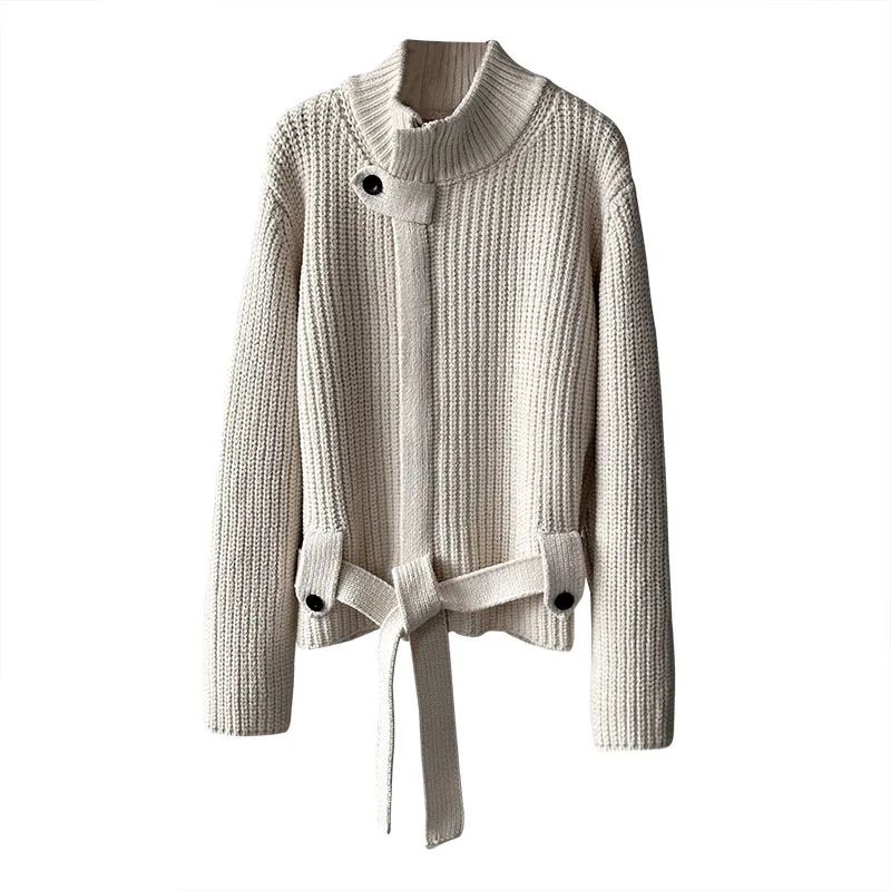 LIMO Autumn Winter Acrylic Knitted Sweater Women Fashion with Belt Waistband Elegant Office Work Wear Casual Date Night Outfit