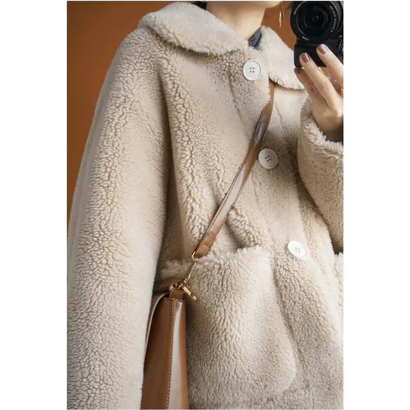 Lamb Wool Jacket Women's Outwear Autumn Winter New Sheep Scissors Fur One-Piece Short Granular Lamb Fleece Coat Loose Warm Jacke