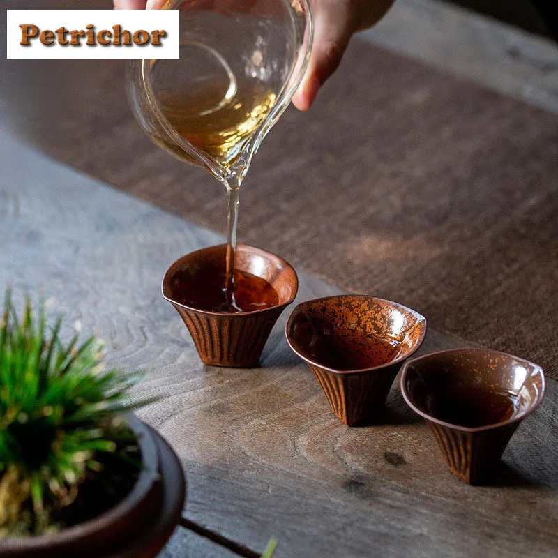2pc/lot Kiln Fambe Rust Glazed Triangle Teacup Creative Tea Bowl Set Of Cups Tea-tasting Meditation Cup Jianzhan Master Cup 30ml