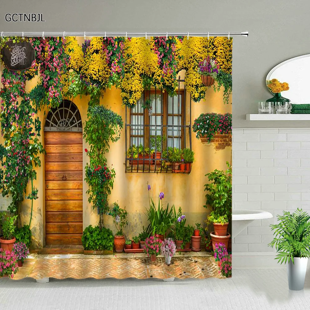 Street Flowers Plant Shower Curtain Retro Building Old Door Rural Scenery Background Wall Decor Hanging Curtains With Hooks