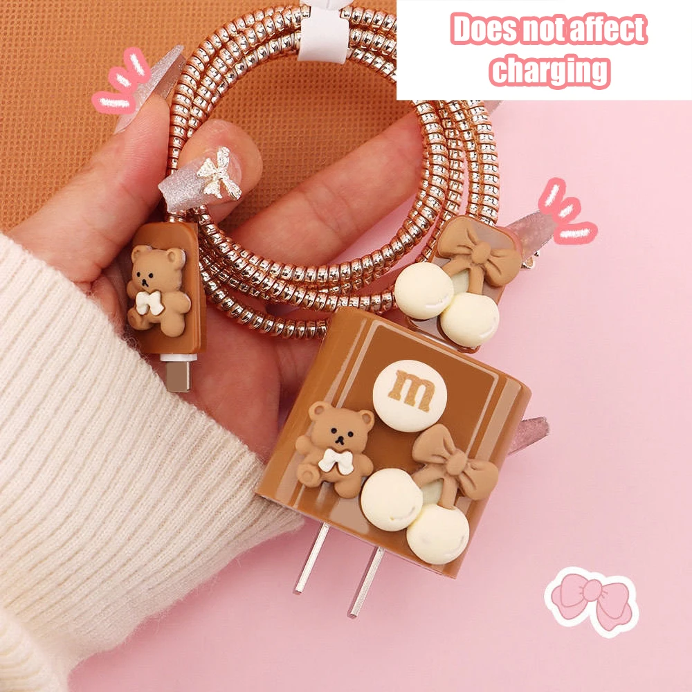 Charger Case For IPhone 11 16 15 14 13 Pro Max 12 18W 20W US Fast Charging Head Cover Cute Bear Protective Cable Organizer