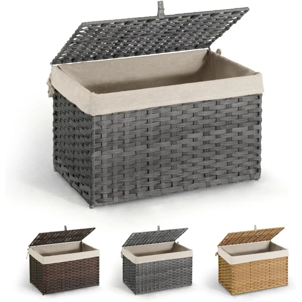 

CAPHAUS 105L Synthetic Rattan Storage Basket w/Lid, Handwoven Basket w/Handles, Laundry Basket w/Lid, 2 Liner Bags