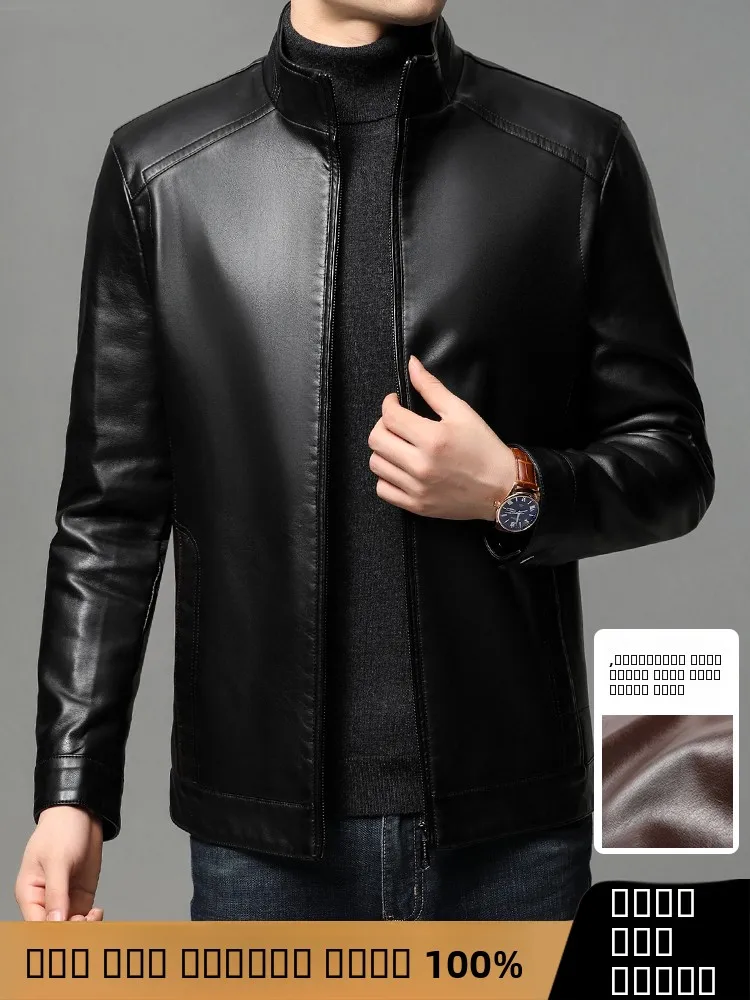 

Кожаная куртка из натуральной кожи с молнией, на флисовой подкладке, с воротником-стойкой, осенне-зимняя, мужская, модная, деловая, повседневная, однотонная, кожаное пальто