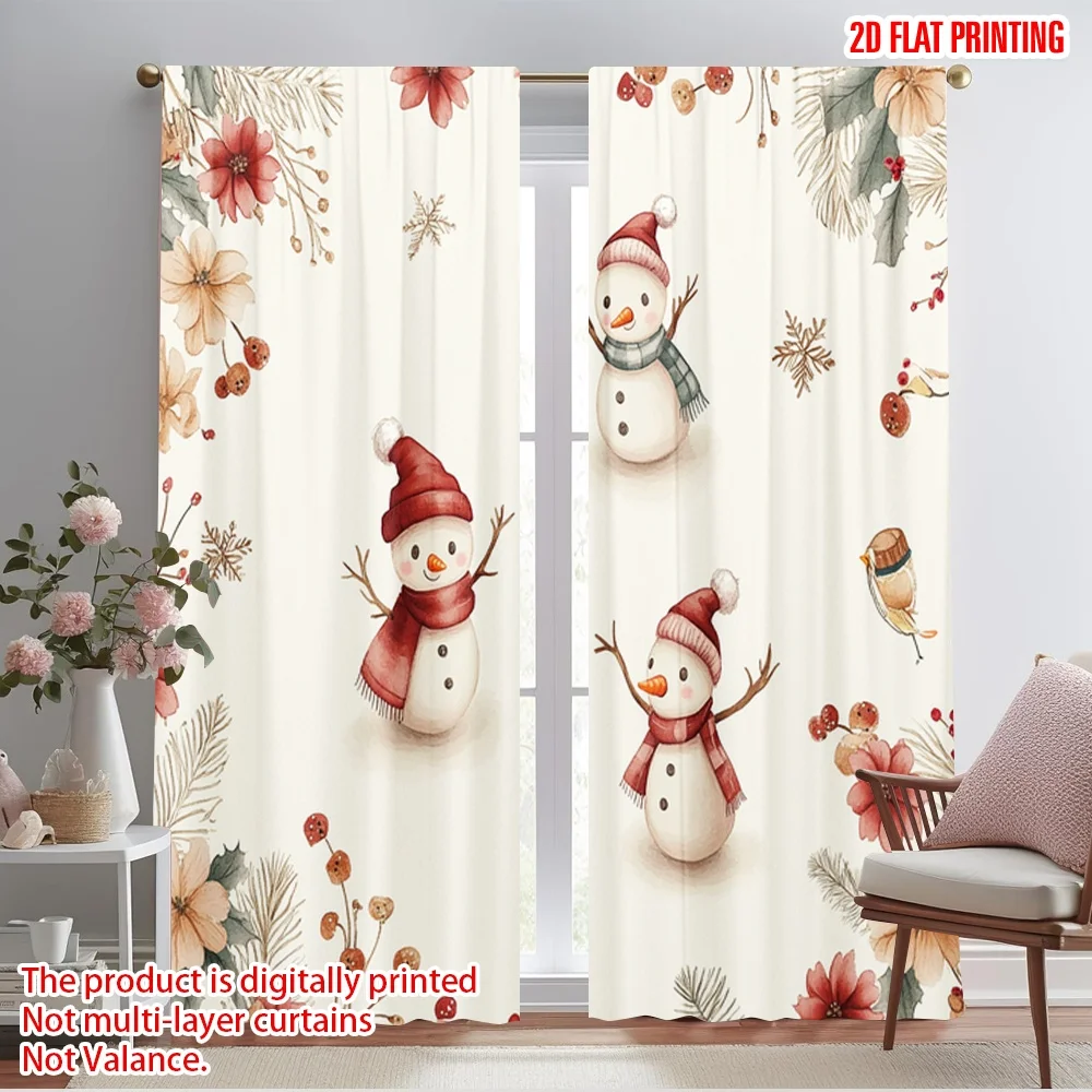 2pcs,2D plane printing Light Filtering Curtains Cute Snowmen And Bird Border (2) Versatile Polyester Fabric (without rod)