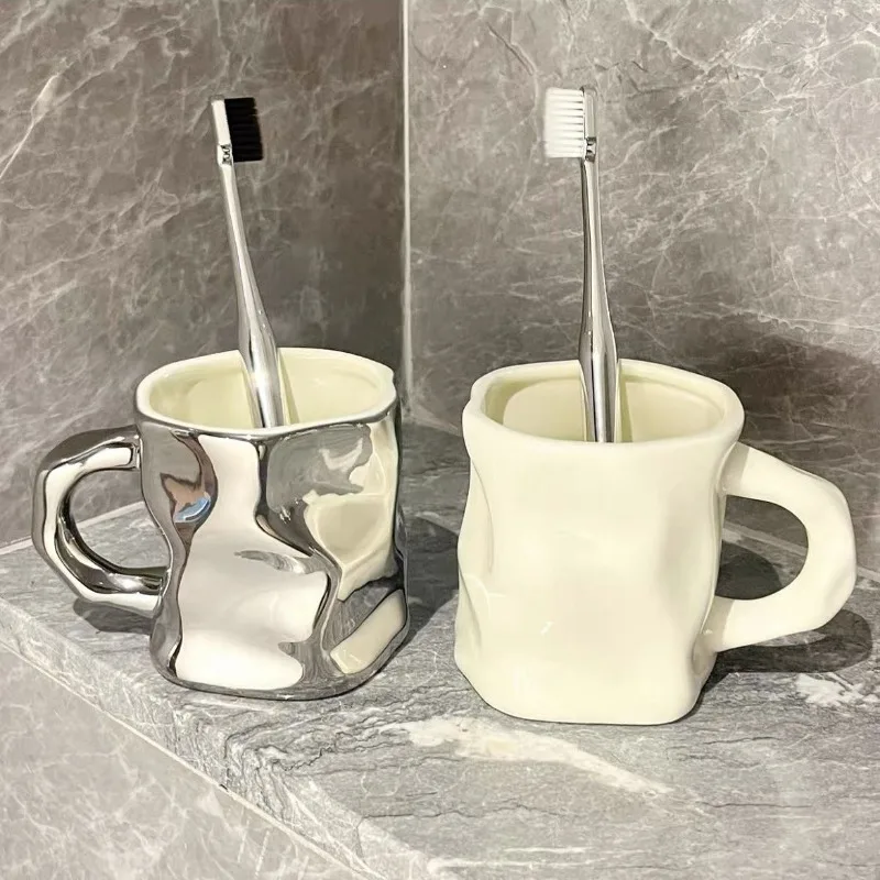 High-grade Ceramic Toothbrush Cup Couple Set Electric Silver Wash Cup with Glass Tray Rabbit Decoration Bathroom Accessories New