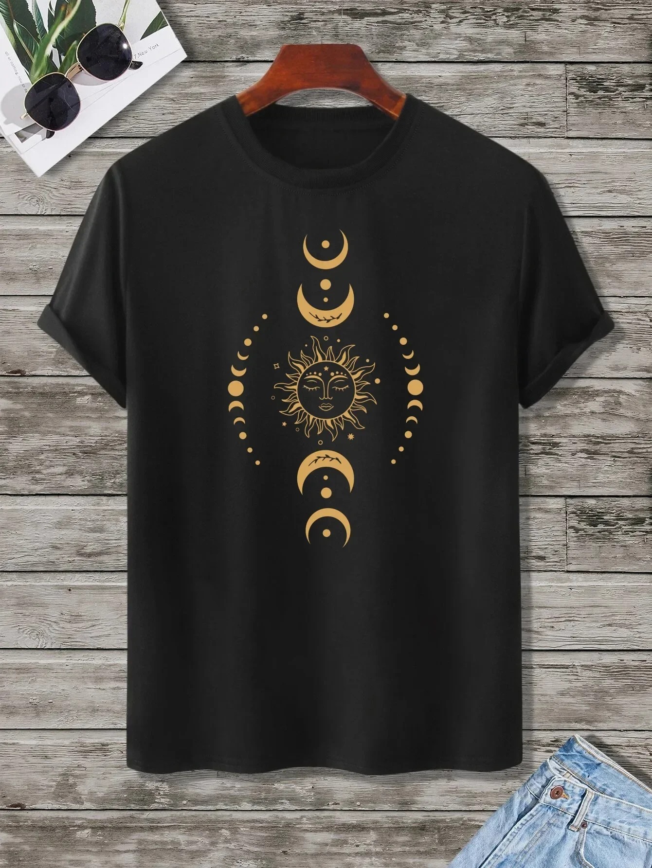 Sun & Moon Print T-Shirt for  Men's Casual Crew Neck Short-Sleeve  Fashion Summer T-Shirts Tops, Men's Outfits Tee