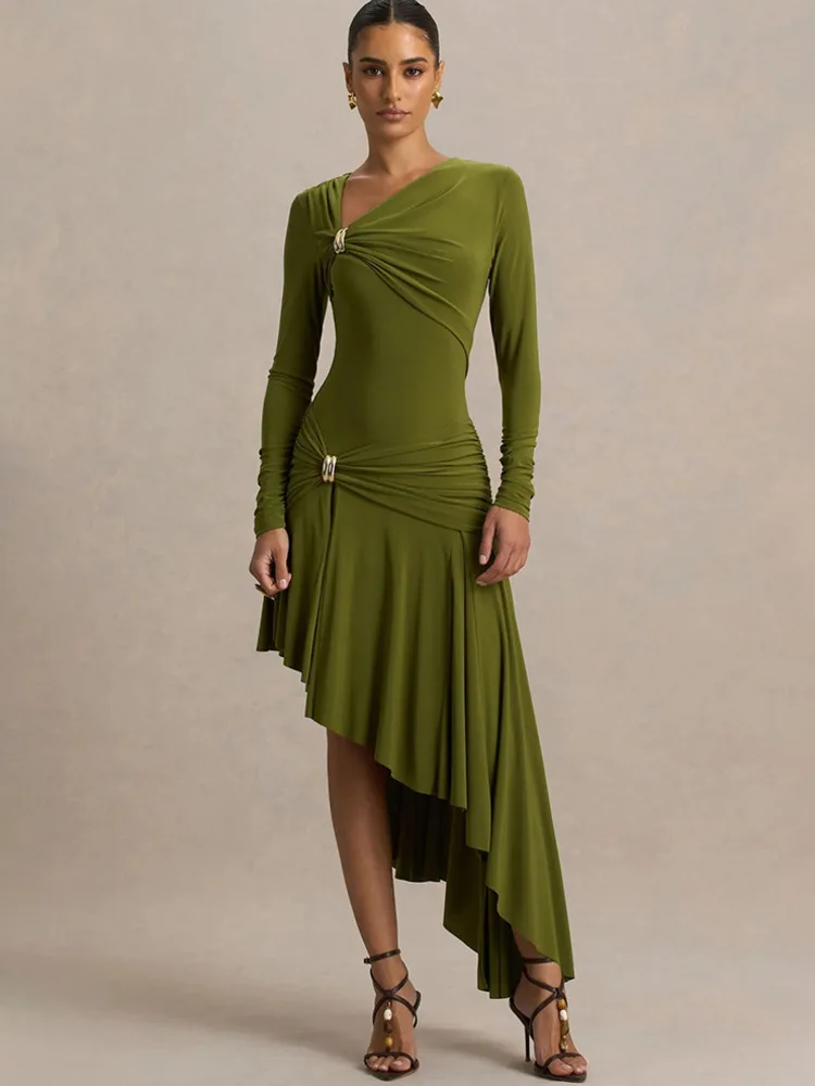 เดรสยาวทรงเอไลน์แขนยาว ดีไซน์ไม่สมมาตร คอเฉียง เอวสูง กระชับรูปร่าง  ชุดราตรีหรูหราสำหรับงานปาร์ตี้