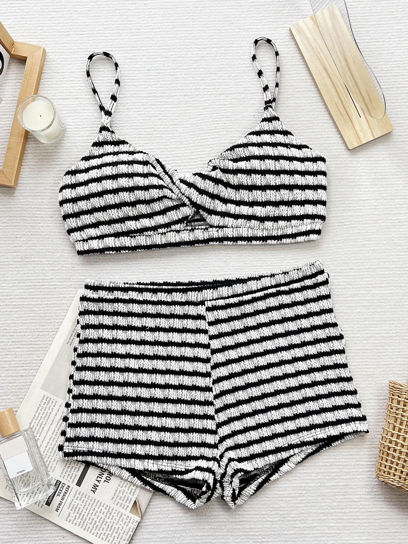 

sexy white black striped bandeau cross bikini sets two pieces high waist shorts swimsuit beachwear bathing suit swimwear biquini