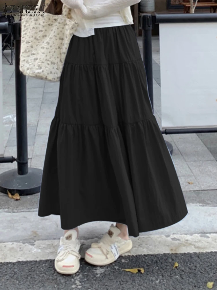 

ZANZEA Korean Style Elastic Waist A-line Faldas Holiday Streetwear Women Tiered Long Jupe Solid Color Elegant Casual Maxi Skirts