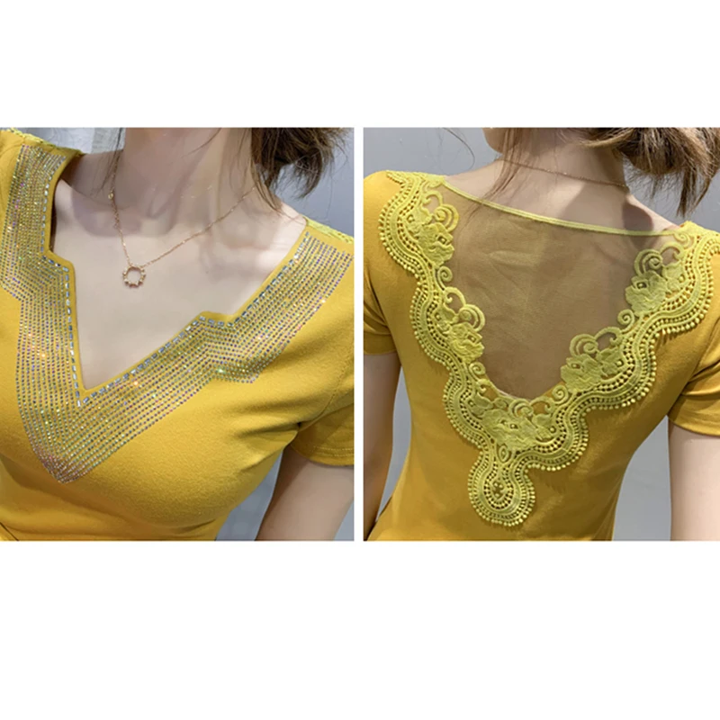 Camiseta informal de verano para mujer, ropa europea con cuello en V, diamantes brillantes, Tops sexys con retales en la espalda, malla de encaje de