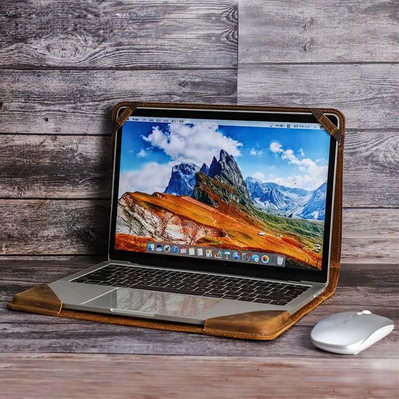 Brown Crazy Horse Leather Laptop Sleeve Genuine Cowhide Standable Protective Case for MacBook Laptops Business Travel Briefcase