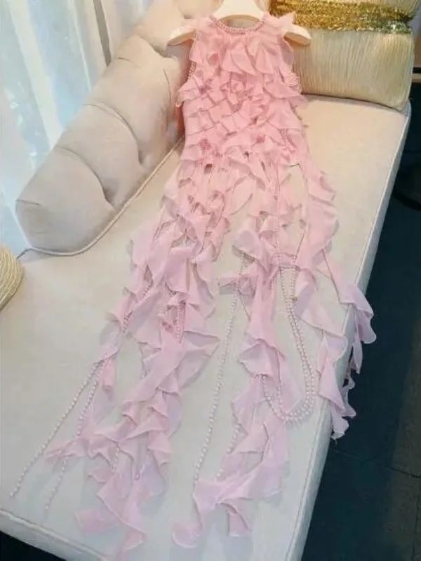 

Розовый асимметричный топ из шифона с жемчужными бахромами, женский, модный дизайн, для повседневной носки, приталенный, стандартной длины