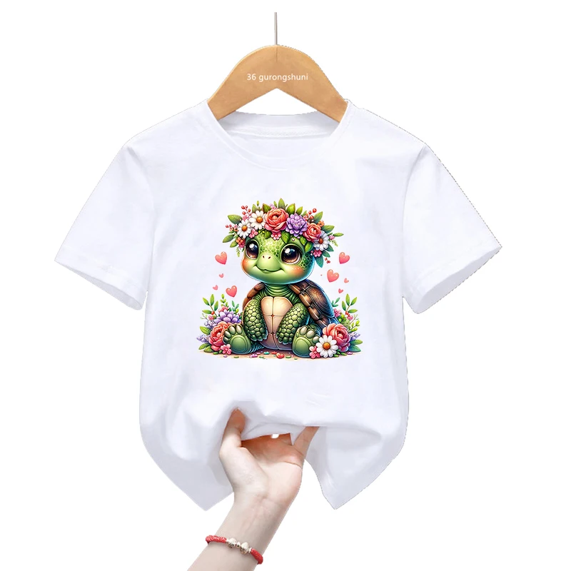 Giraffes/Elephants/Sloths/Dinosaurs/Elephants/Turtles Flowers Print T Shirt For Girls/Boys Kawaii Kids Clothes Summer T-Shirt