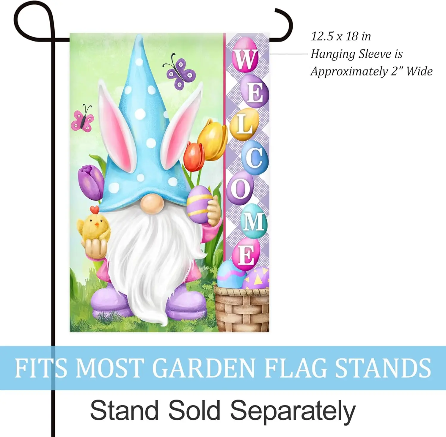 Texupday Welcome Bunny Gnome Easter Eggs Tulips Decoration Easter Spring Holiday Garden Flag Outdoor Yard Flag 12