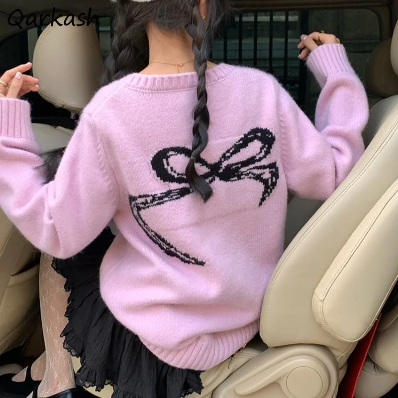 

Pullovers Women Korean Fashion Sweet Sweater V-neck Loose Tender Soft Slimming Tops Unique Bow Design Students Autumn