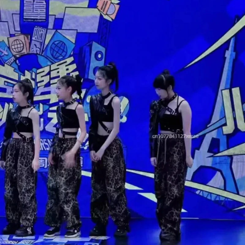 Girls' Jazz Dance Costume Black Strap Black Leather Half Sleeve Leopard Pattern Pants Girls' Street Dance Show Costume Set
