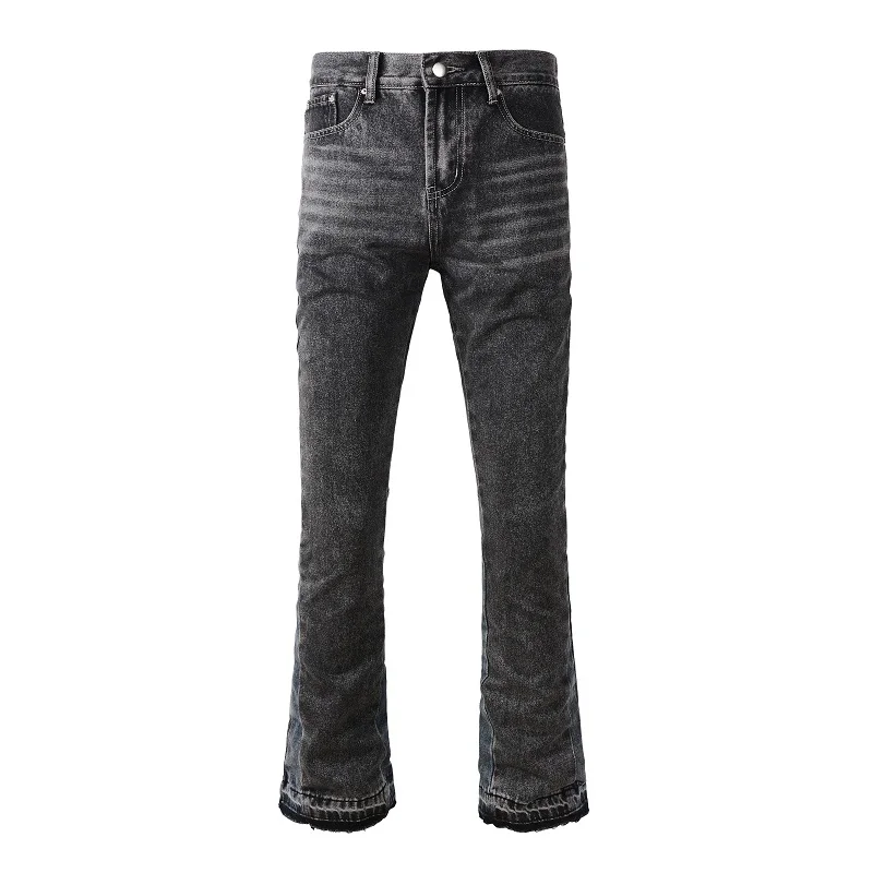 Men Boot Cut Denim Jeans Spliced Gray Black Release Hem Pants Streetwear Non Stretch Flared Trousers