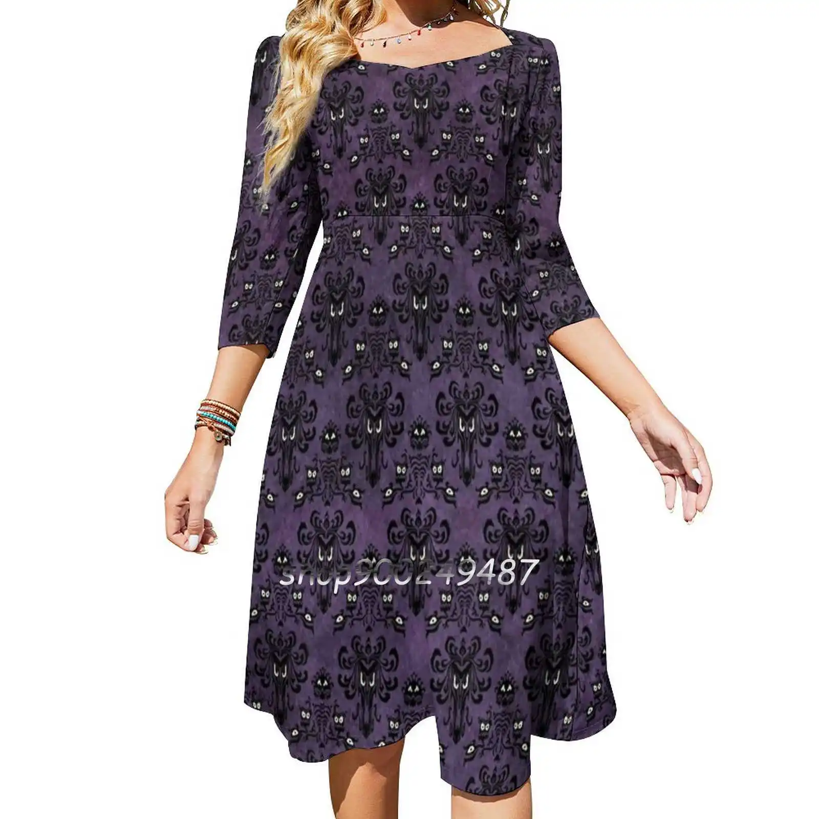 Haunted Mansion Wallpaper Flare Dress Short and Long Sleeve Dresses Fashion Printed Dress Haunted Mansion Wallpaper Ride