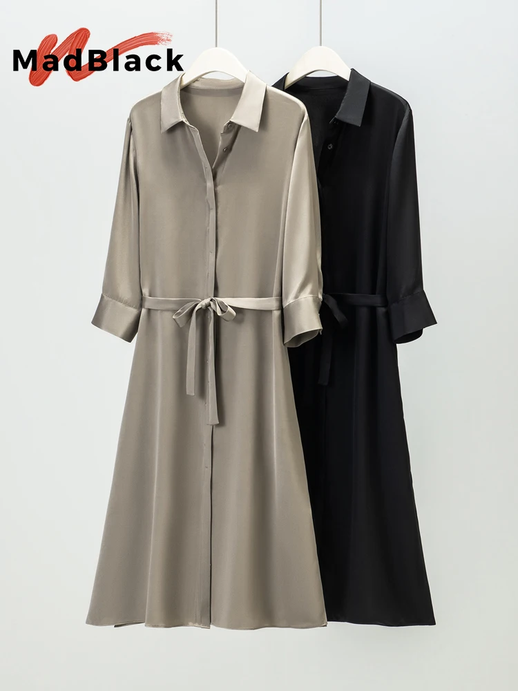 MadBlack-93%Silk 7%Spandex Elegant Dress, Lapel 3/4 Sleeve, Women Fashion OL Commute Loose Dresses, 2026 Summer New D63517CC