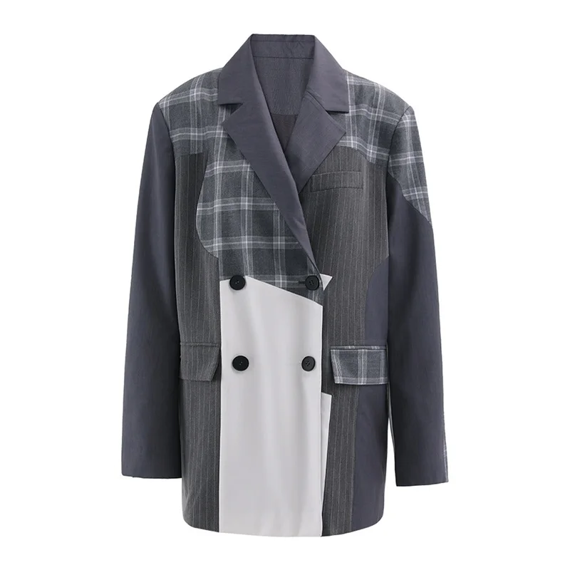 Splicing Color Grey Women Suit Formal Double Breasted Long Jacket Loose Style Coat In Stock