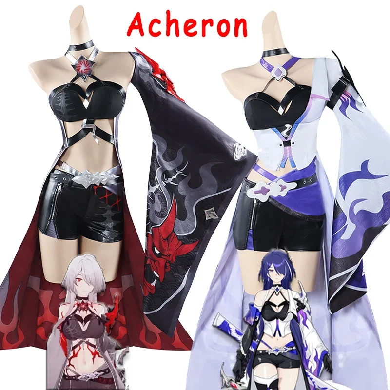 Acheron Cosplay Game Honkai Star Rail Acheron Rode Kostuum Jurk Pruik Schoenen Full Set Vrouwen Rollenspel Carnaval Feestkleding