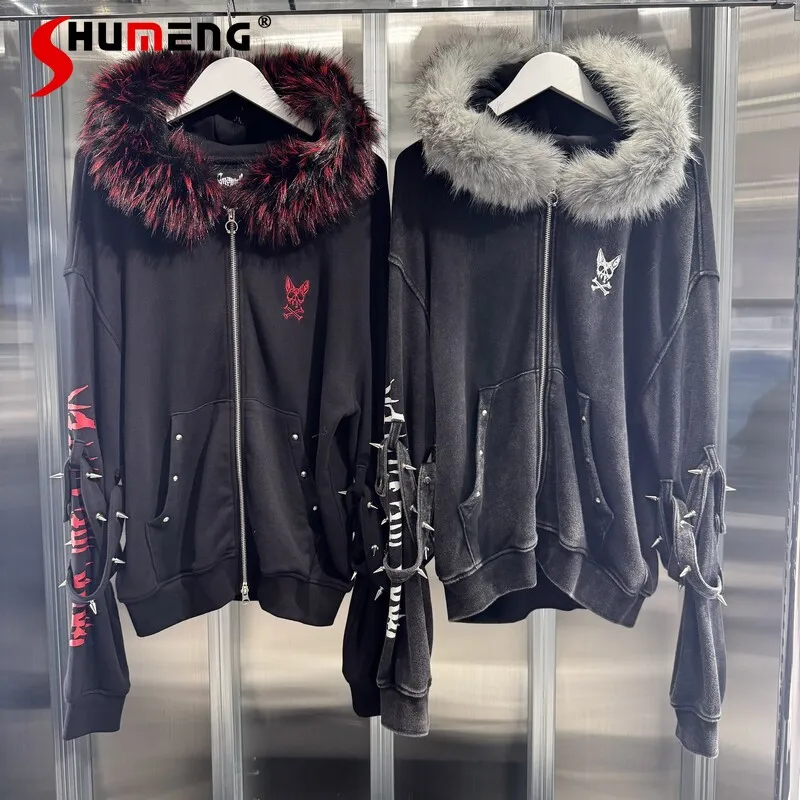 

Японская толстовка в стиле Харадзюку с капюшоном, в стиле темной субкультуры, новая весенне-осенняя куртка на молнии с меховым воротником, милая и стильная одежда