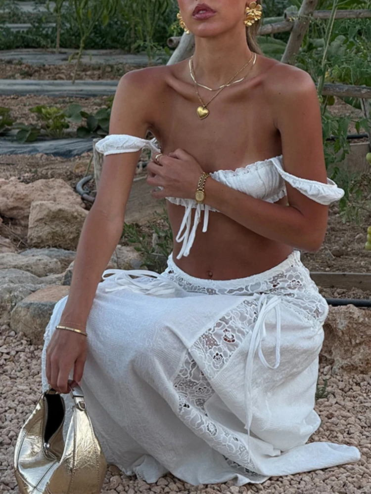 Top corto sexy scava fuori con scollo all'americana e mezze gonne Set bikini da spiaggia sottile nuovo estivo Set elegante da donna in tinta unita per le vacanze in due pezzi