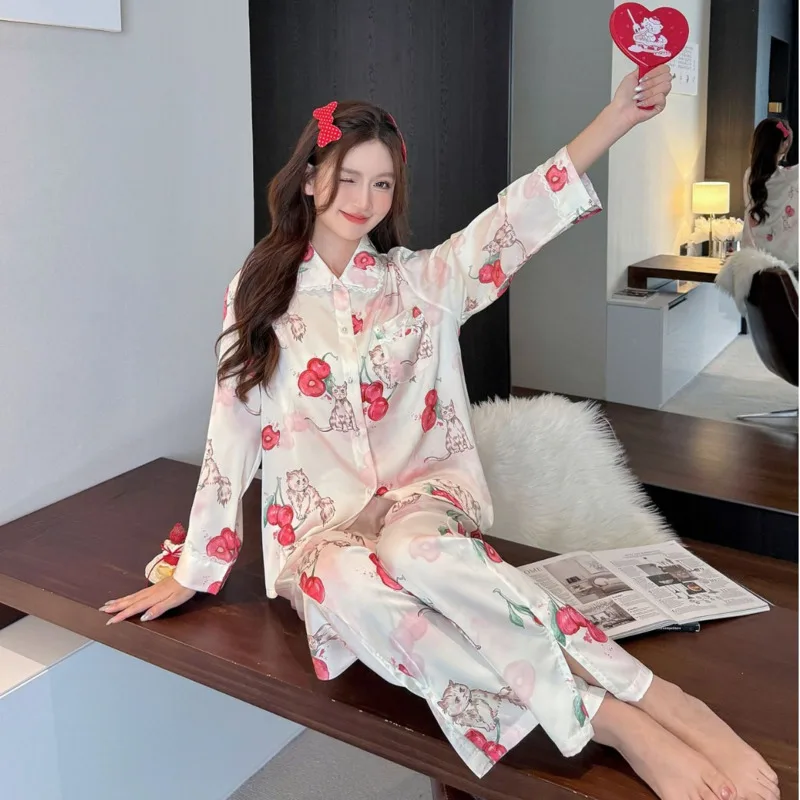 2026 Spring Summer New Cute Cartoon Pajamas Women Long Sleeve Pants Ice Silk Cherry Cat 2piece Set Homewear Nightgown Sleepwear