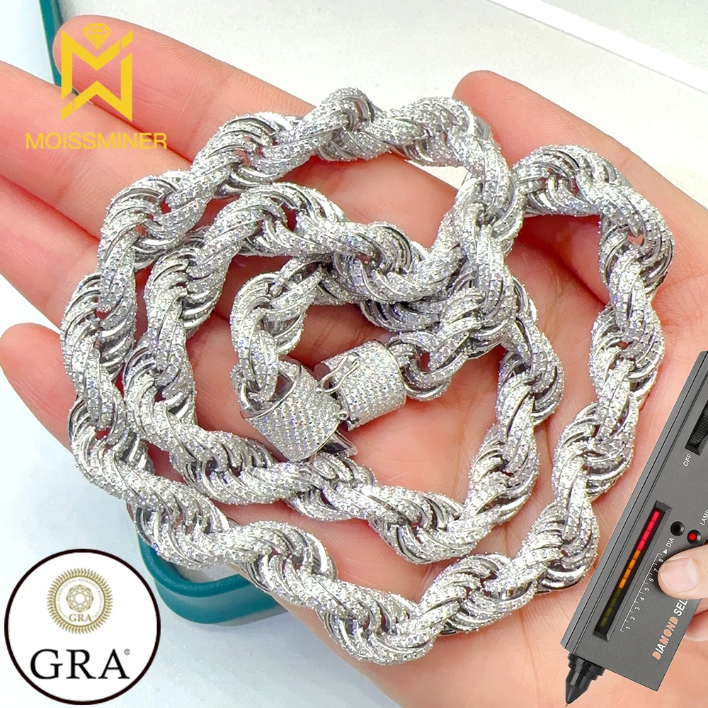 10mm Moissanite Rope Chain Necklace For Men S925 Silver Link Chain Choker Women Necklaces Pass Diamonds Tester With GRA