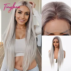 Long Straight Ash Platinum Ombre Synthetic Lace Frontal Wigs 13*6 Lace Front Hairline Blonde Wigs for Women Daily Heat Resistant