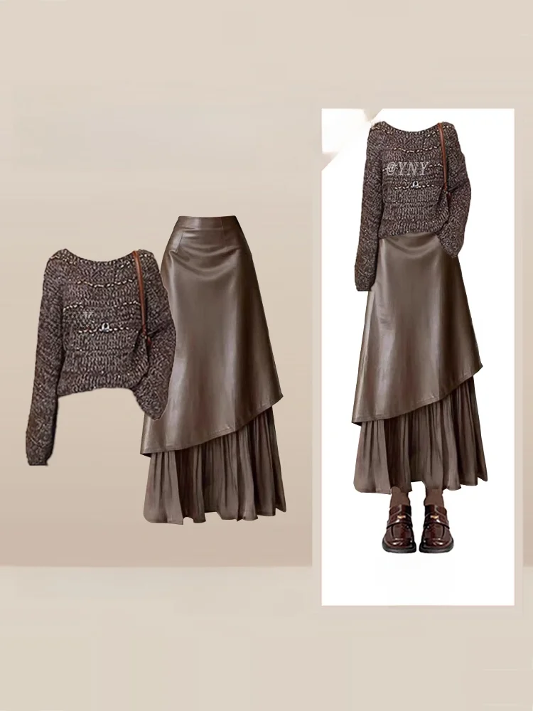 

Women's Winter Faion Knitted PU Leather Skirt Set round Ne Irregular Splicing High Waist Warm And Sli Two-Piece ...