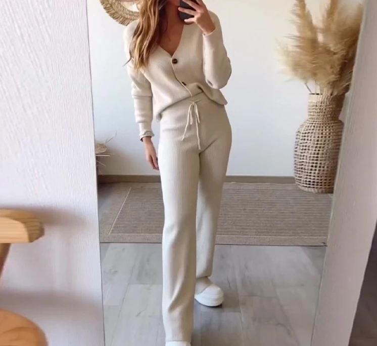 Two Piece Set Women Outfit 2024 Spring Solid Color V-Neck Slim Fit Long Sleeved Top & High Waist Straight Leg Knitted Pants Set